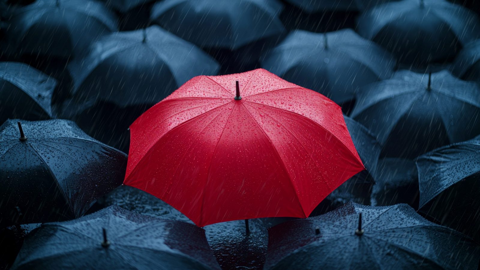 Ein roter Regenschirm inmitten schwarzer Regenschirme